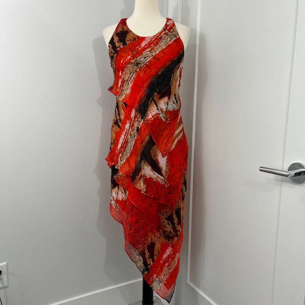 Robert Rodriguez Size 4 Orange, Black Silk Asymmetrical Hem Tiered Tank Dress - Picture 9 of 14